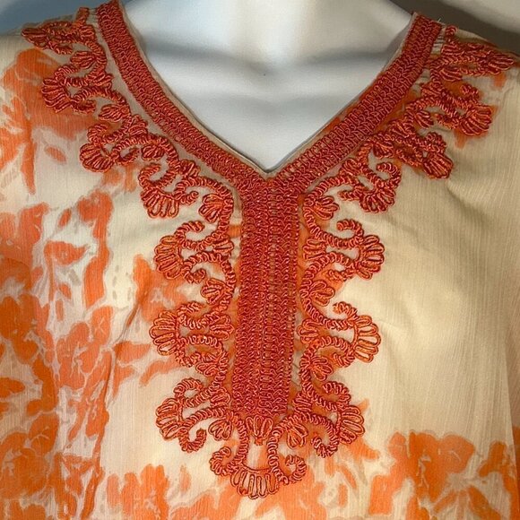 Chico's SZ S/M Orange print crochet trim Poncho Boho Chic Fairy Resort Artsy - Picture 2 of 5